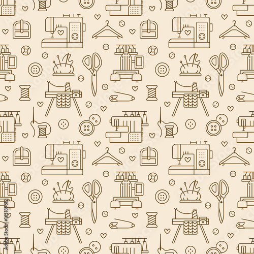 Sewing equipment, tailor supplies seamless pattern with flat line icons set. Needlework accessories - sewing embroidery machine, pin, needle, thread, DIY tools. Linear signs for hand made store.