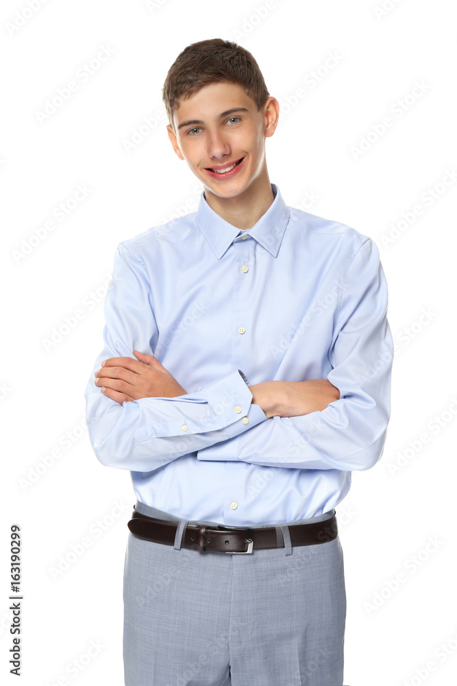 Teenager wearing formal clothes isolated on white