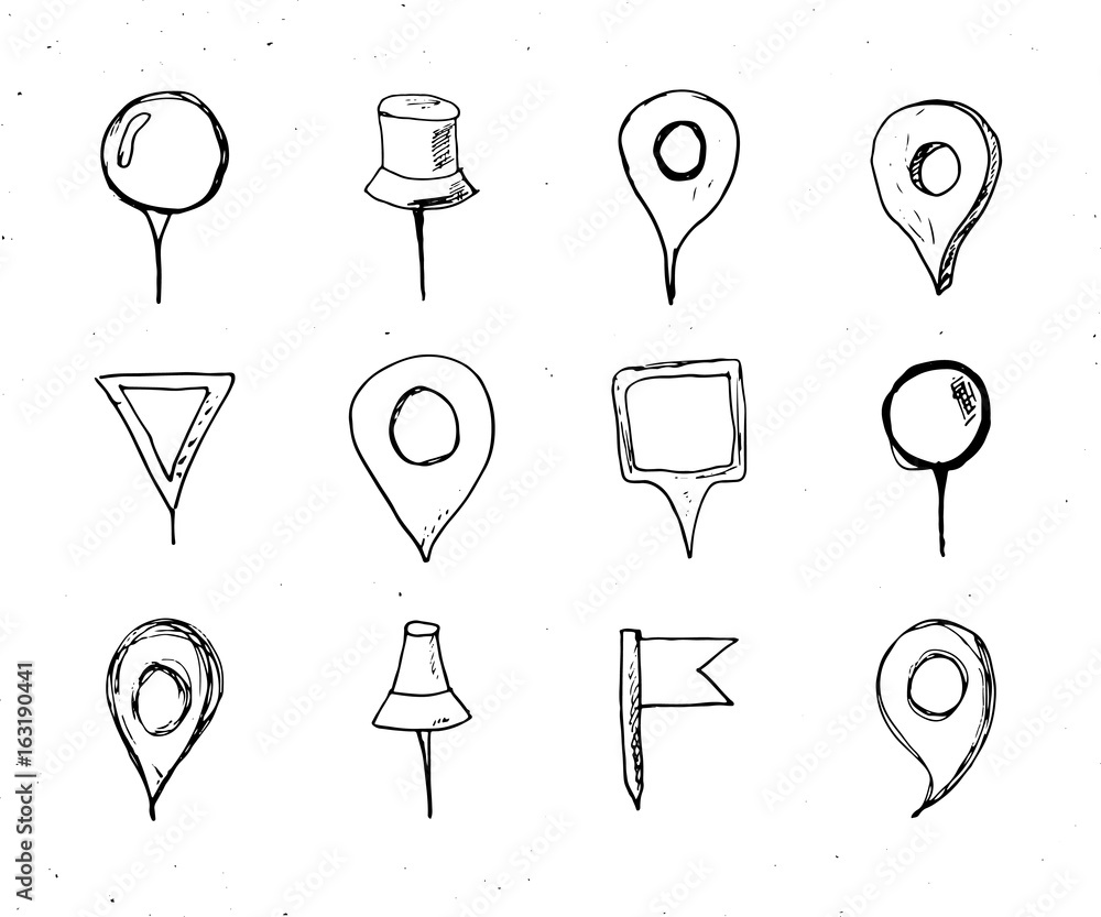 Map pointers hand drawn sketch set, navigation pins doodle vector illstration isolated on white background Map pointers hand drawn sketch set, navigation pins doodle vector illstration isolated on white background