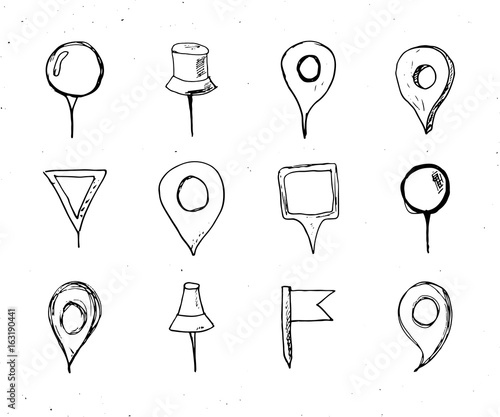 Map pointers hand drawn sketch set, navigation pins doodle vector illstration isolated on white background