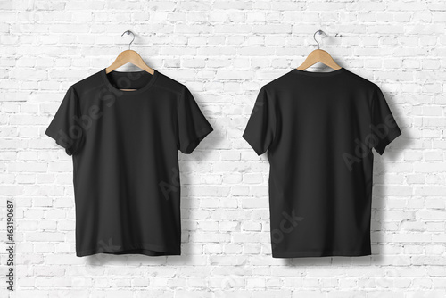 Blank Black T-Shirts Mock-up hanging on white wall, front and rear side view . Ready to replace your design