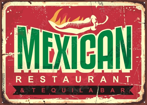 Fotografie Mexican restaurant and tequila bar, old vintage sign concept with text message a