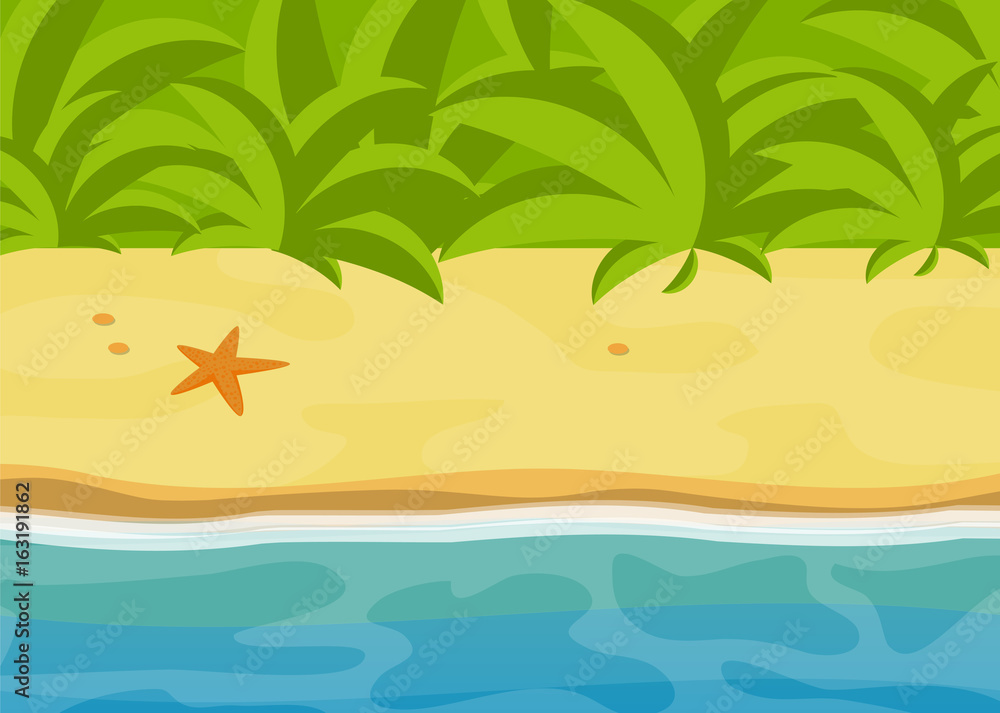 Sunny tropical beach, bright tropic jungle landscape, sea flat vector illustration, sand and water relax graphics, ocean background