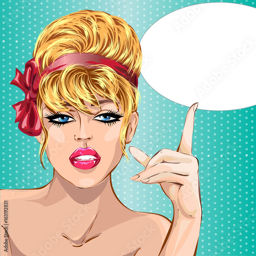 Pin up style sexy beautiful woman portrait with speech bubble, pop art comic girl looking forward vector illustration