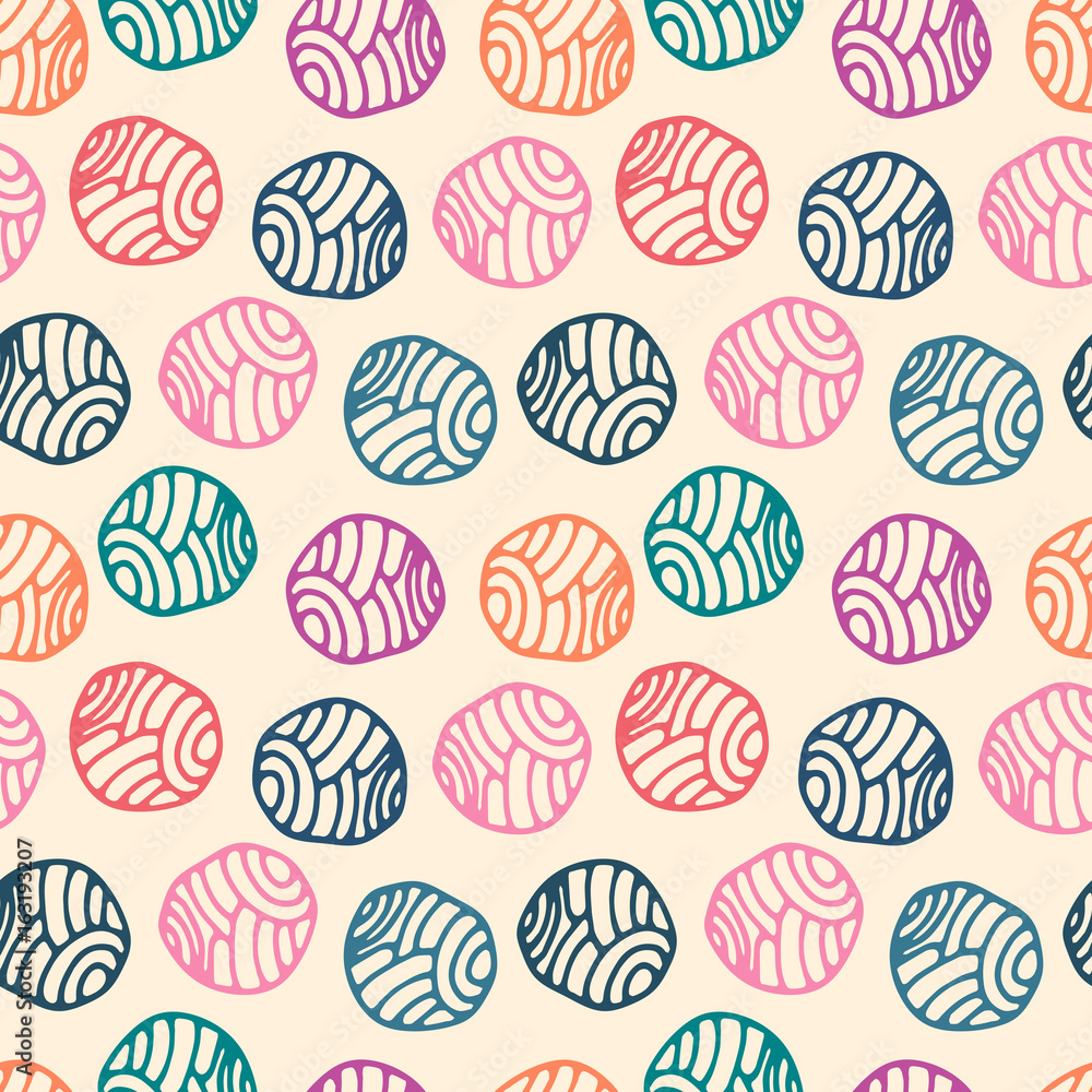 Colorful doodle polka dot background. Wool balls. Abstract round seamless pattern. Vector illustration.