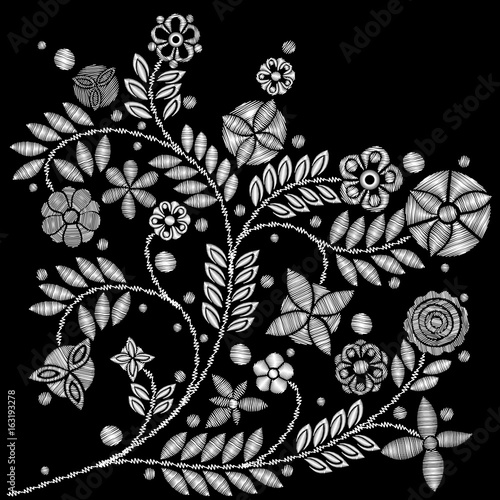 Black and white flower embroidery design. Embroidery ethnic floral neck line or short floral blooming for fashion wearing. Vector.