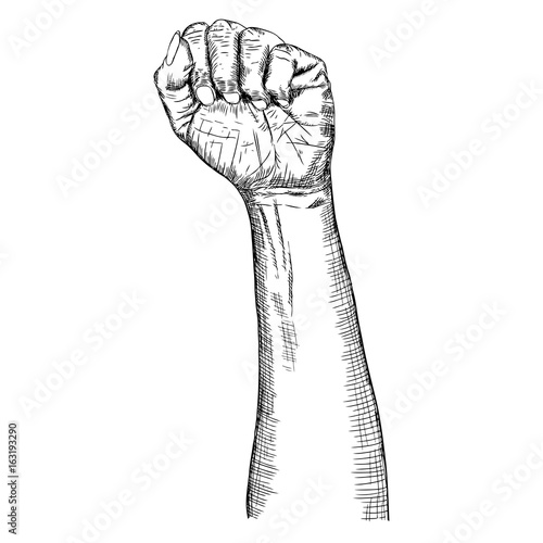Woman hand gesture sketch. Girl wrist illustration isolated on white background. Hand drawn engraving style of female raise high up fist. Vector.