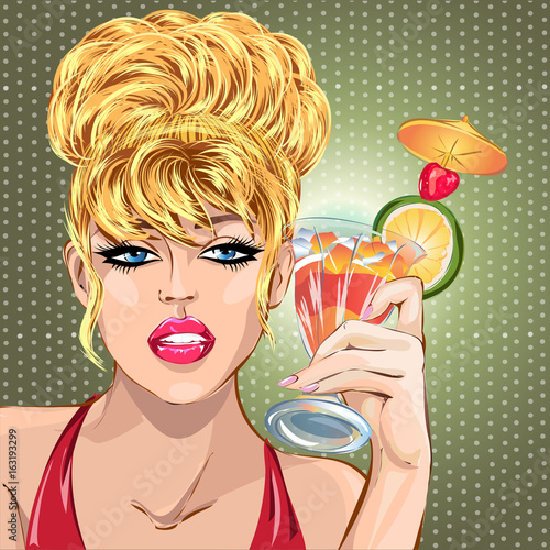 Pin up sexy blonde woman drinking summer cocktail, pop art girl portrait, celebrate look vector illustration