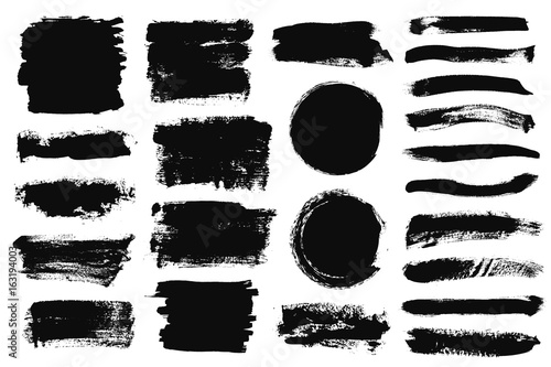 Set of black paint, ink brush strokes, brushes, lines. Dirty artistic design elements, boxes, frames for text.