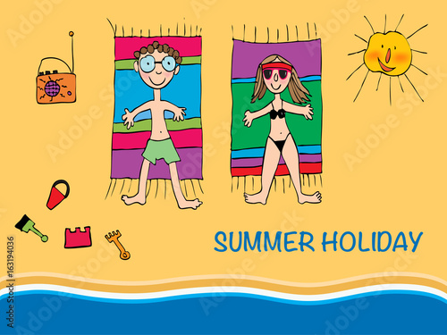 Vector Illustration Happy Young Couple Lying on a Tropical Seaside Beach Flat Top Angle View