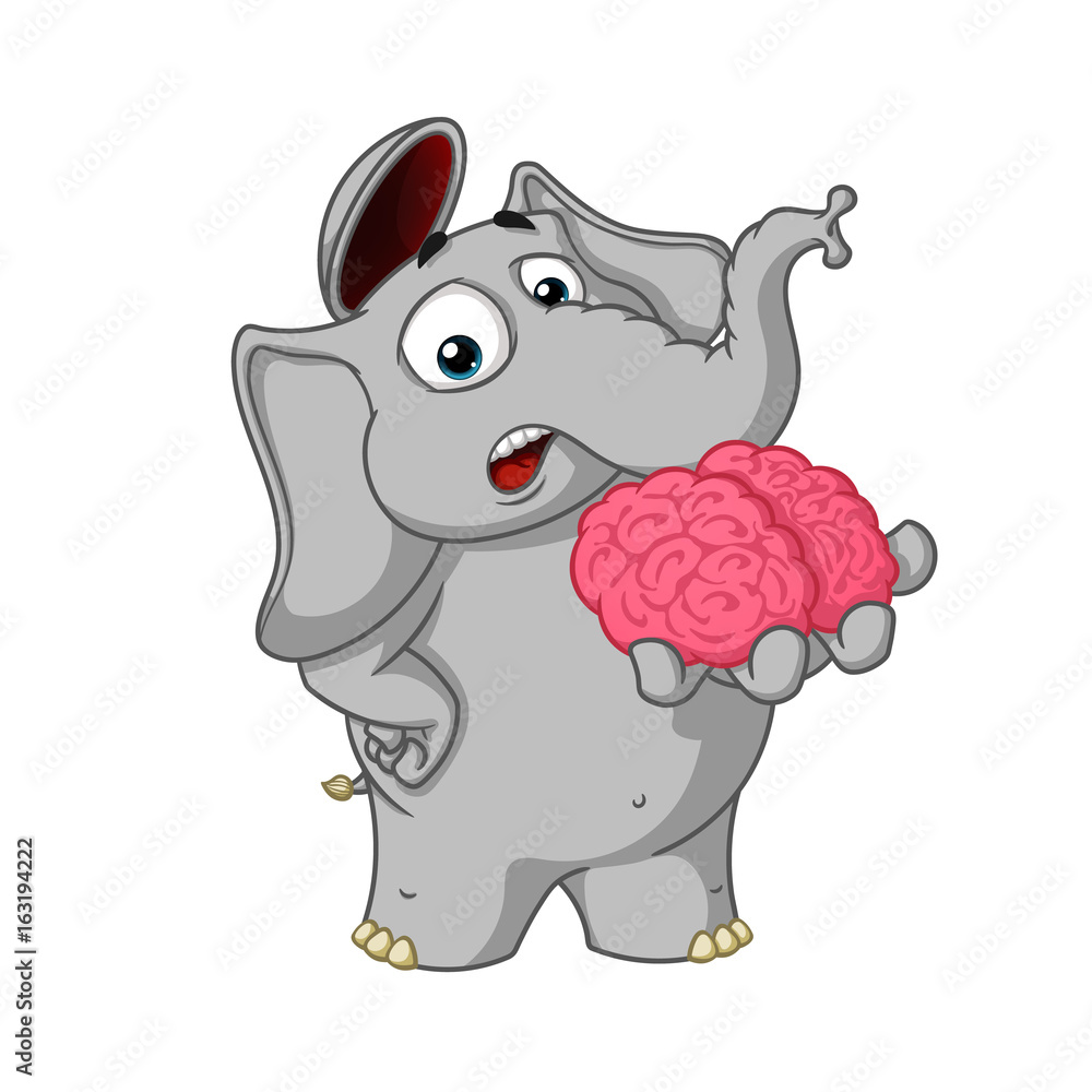 Naklejka premium Big collection vector cartoon characters of elephants on an isolated background. Brain in hand. Gives your mind.