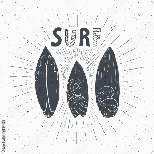 Vintage label, Hand drawn surf boards, grunge textured retro badge template, typography design vector illustration