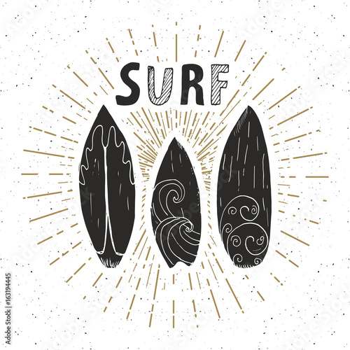 Vintage label, Hand drawn surf boards, grunge textured retro badge template, typography design vector illustration