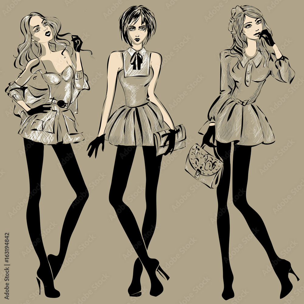 set of fashion women models sketch style hand drawn vector set of fashion women models sketch style hand drawn vector