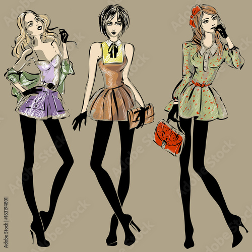set of fashion women models sketch style hand drawn vector