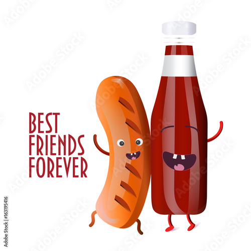 Best Friends Forever Illustration: Sausage character and Red Sauce mascot are happy together.