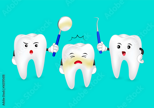 Cartoon decay tooth scared dental equipment. Dental care concept. Illustration isolated on green background.