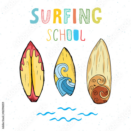 Surf boards hand drawn sketch t-shirt print design, surfing school typography, Summer vintage retro badge template, vector illustration