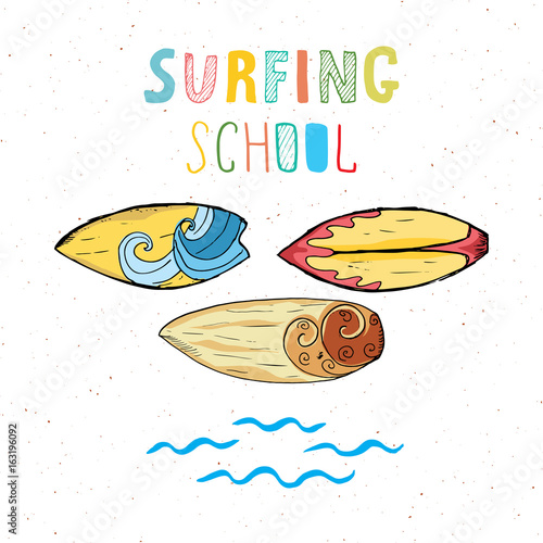 Surf boards hand drawn sketch t-shirt print design, surfing school typography, Summer vintage retro badge template, vector illustration