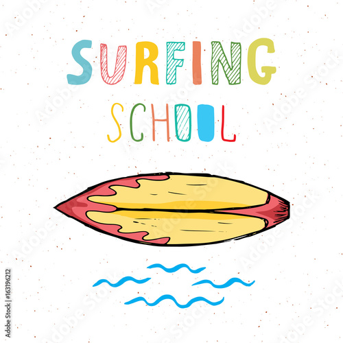 Surf boards hand drawn sketch t-shirt print design, surfing school typography, Summer vintage retro badge template, vector illustration