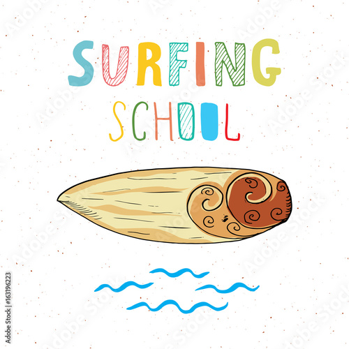 Surf boards hand drawn sketch t-shirt print design, surfing school typography, Summer vintage retro badge template, vector illustration
