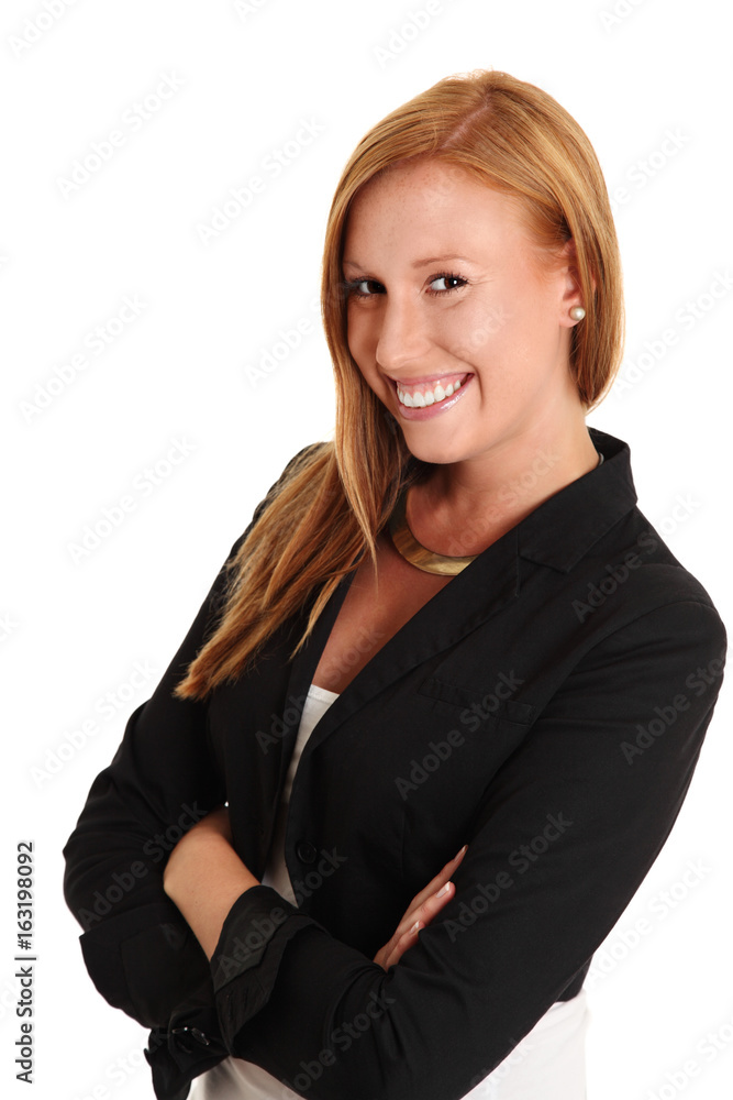 Attractive businesswoman with red hair wearing a black suit and white shirt, standing with a big smile against a white background. Attractive businesswoman with red hair wearing a black suit and white shirt, standing with a big smile against a white background.
