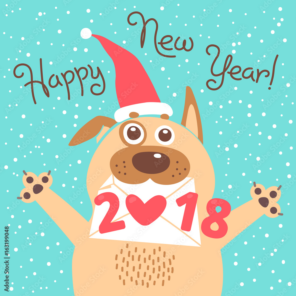 Happy 2018 New Year card. Funny puppy congratulates on holiday. Dog Chinese zodiac symbol of the year.