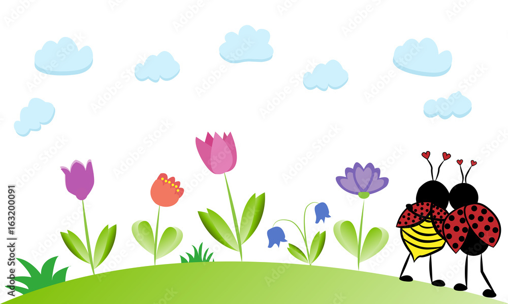 Campo con flores y pareja de mariquitas. vector de Stock | Adobe Stock