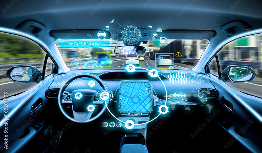 empty cockpit of vehicle. HUD(Head Up Display) and digital instruments panel, autonomous car