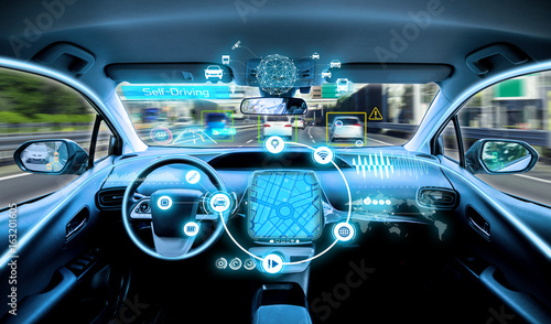 empty cockpit of vehicle. HUD(Head Up Display) and digital instruments panel, autonomous car