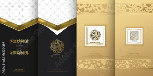 Collection of design elements,labels,icon,frames, for packaging,design of luxury products.Made with golden foil.Isolated on black background. vector illustration