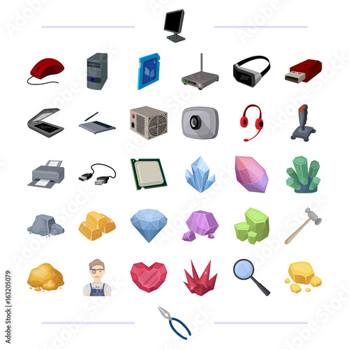 Computer hardware and other web icon in cartoon style. Precious, stone, processing icons in set collection.