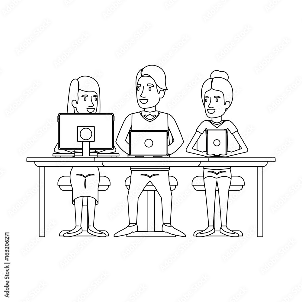 monochrome silhouette of teamwork sitting in desk with tech devices vector illustration monochrome silhouette of teamwork sitting in desk with tech devices vector illustration