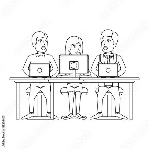 monochrome silhouette of teamwork of woman and men sitting in desk with tech devices vector illustration