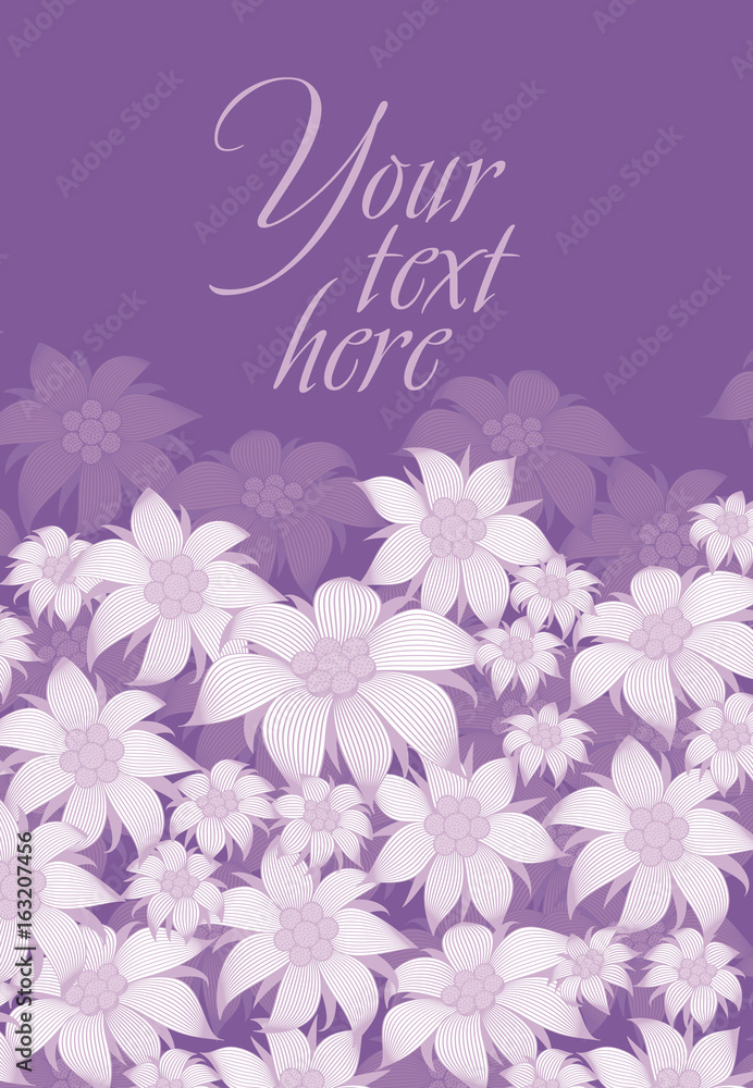 Frame flower. Background of flowers for a poster, invitation, postcard, photo frame, packing paper. On a violet background, white flowers of edelweiss, water lily, lotus.