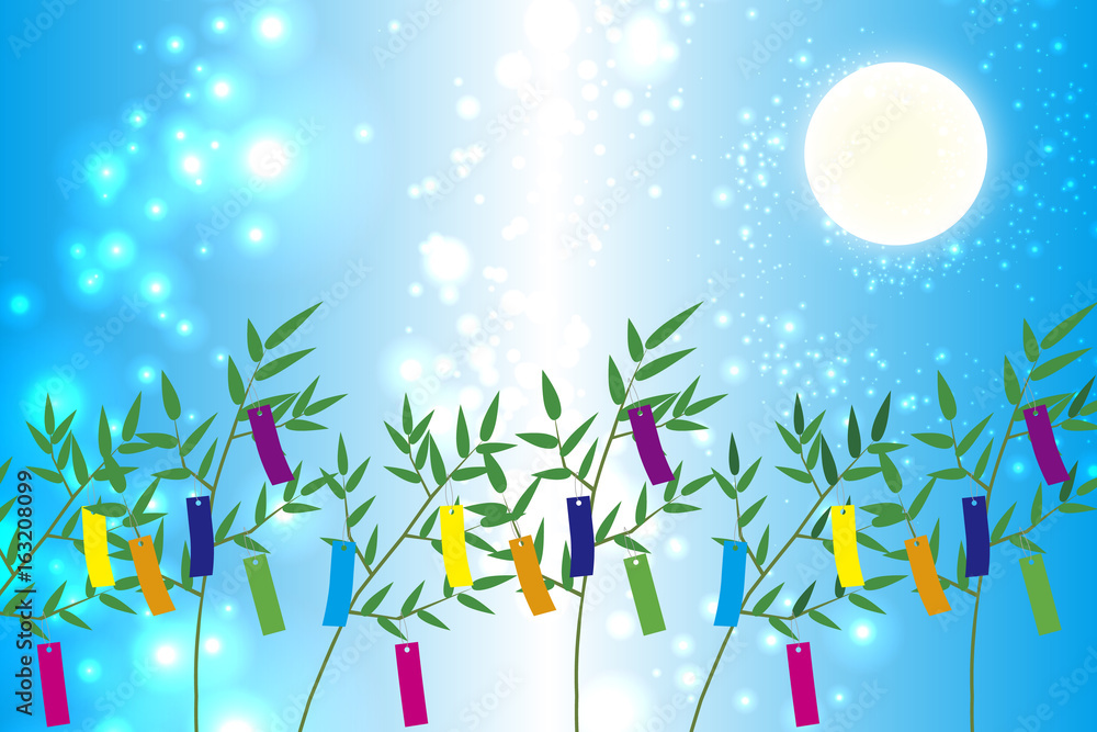 背景素材壁紙 七夕飾り 祭り 伝統 短冊 笹の葉 初夏 星屑 天の川 Stock ベクター Adobe Stock