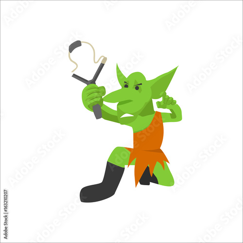 goblin with slingshot flat illustration