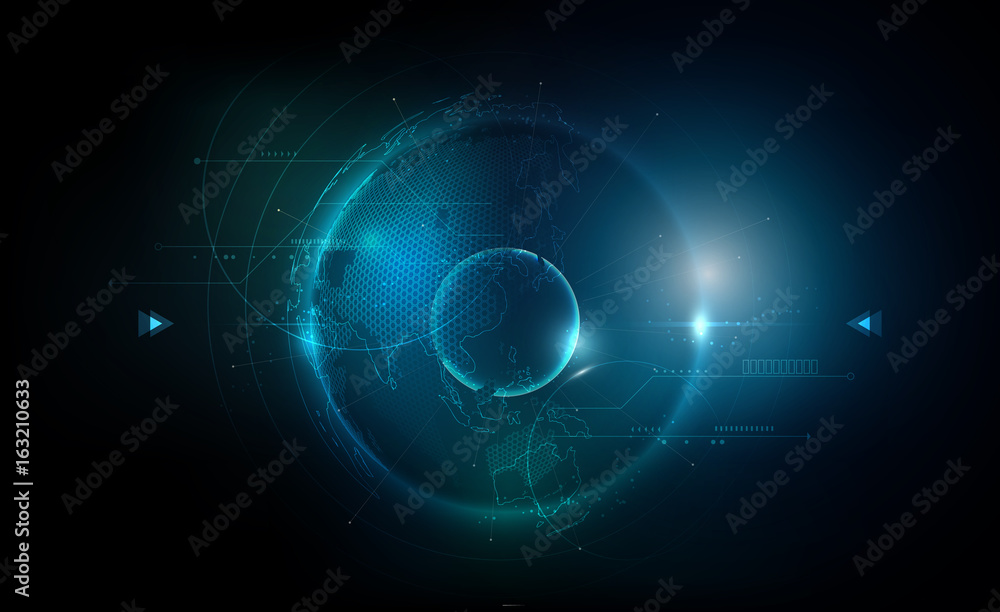 Futuristic technology globe in hologram globalization concept, world map hexagon pattern transparent for digital graphic element, vector illustration