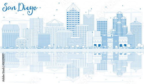 Outline San Diego Skyline with Blue Buildings and Reflections.