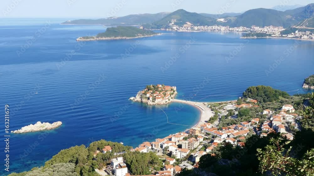 Panorama of Sveti Stefan island at sunrise in Budva, Montenegro. Panorama of Sveti Stefan island at sunrise in Budva, Montenegro.