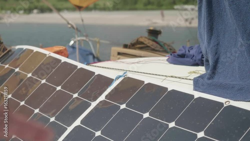 Solar battery on a white yacht on a sunny day. Close-up