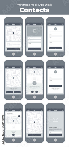 Wireframe UI kit for mobile phone. Mobile App Contacts. Form, about us, message, map, address and subscribe screens