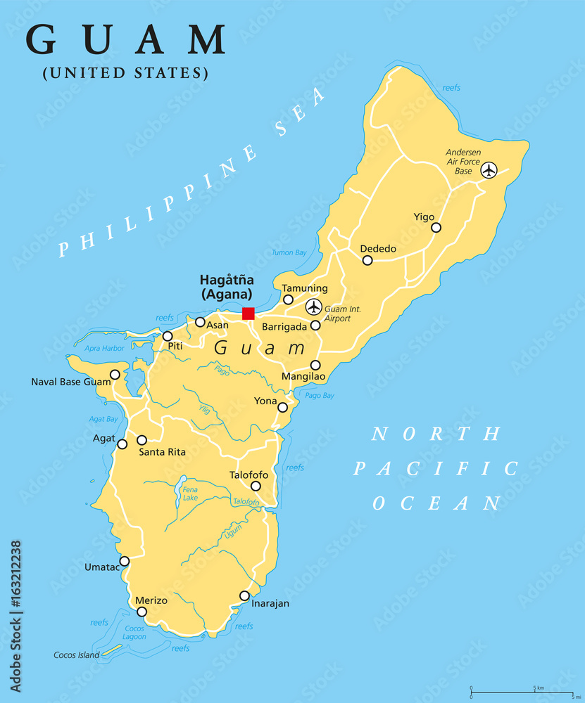 Guam political map with capital Hagatna, Agana. Unincorporated