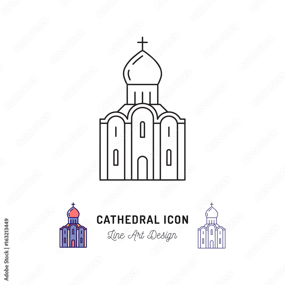 Cathedral icon thin line art symbols, A cathedral is a Christian church, Vector outline illustration