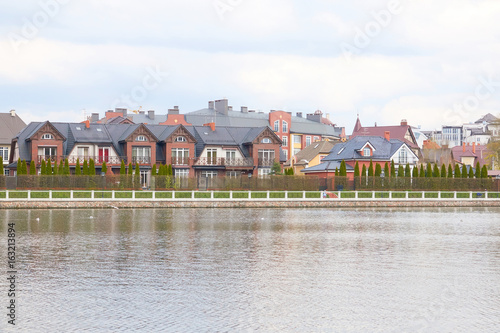 Scenic view of Kaliningrad. City landscape, the upper lake with beautiful houses.