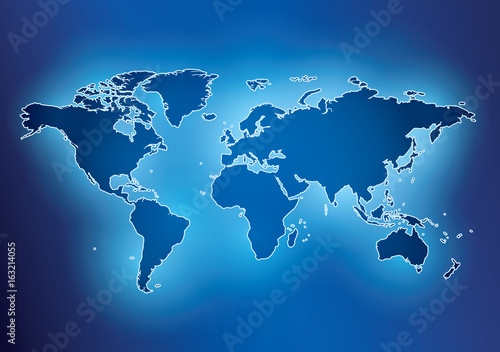 bright blue background with map of the world and contour - vector