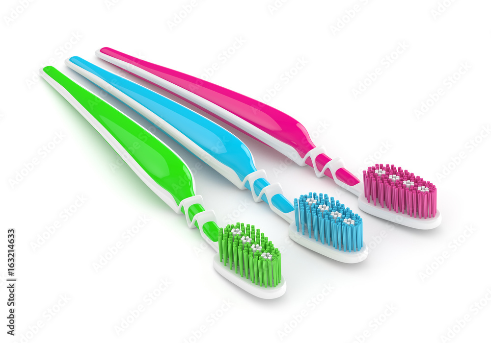 3d render of three toothbruses isolated over white 3d render of three toothbruses isolated over white