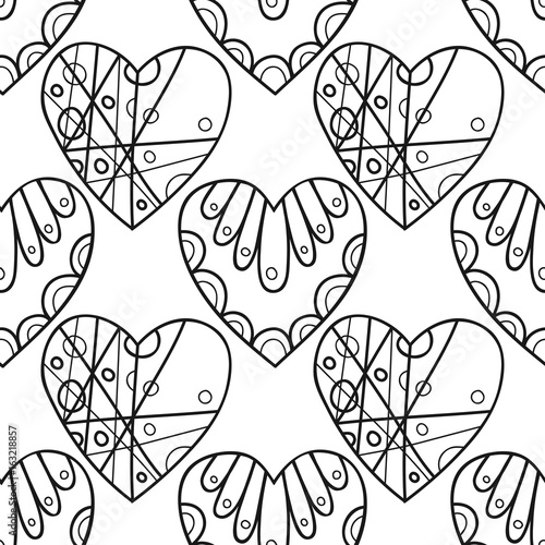 Decorative hearts. Black and white seamless illustration, pattern for coloring book, page