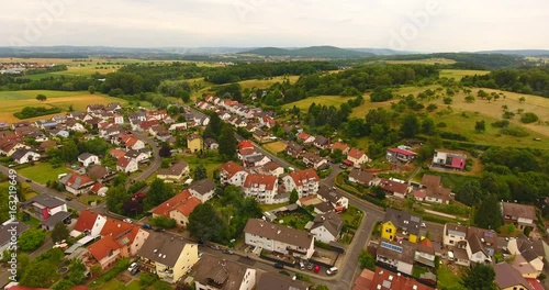 Aerial view landscape with a historic village in Freigericht, Germany
