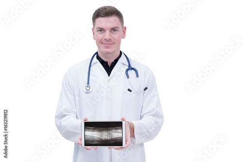 Caucasian man doctor use tablet on white background 